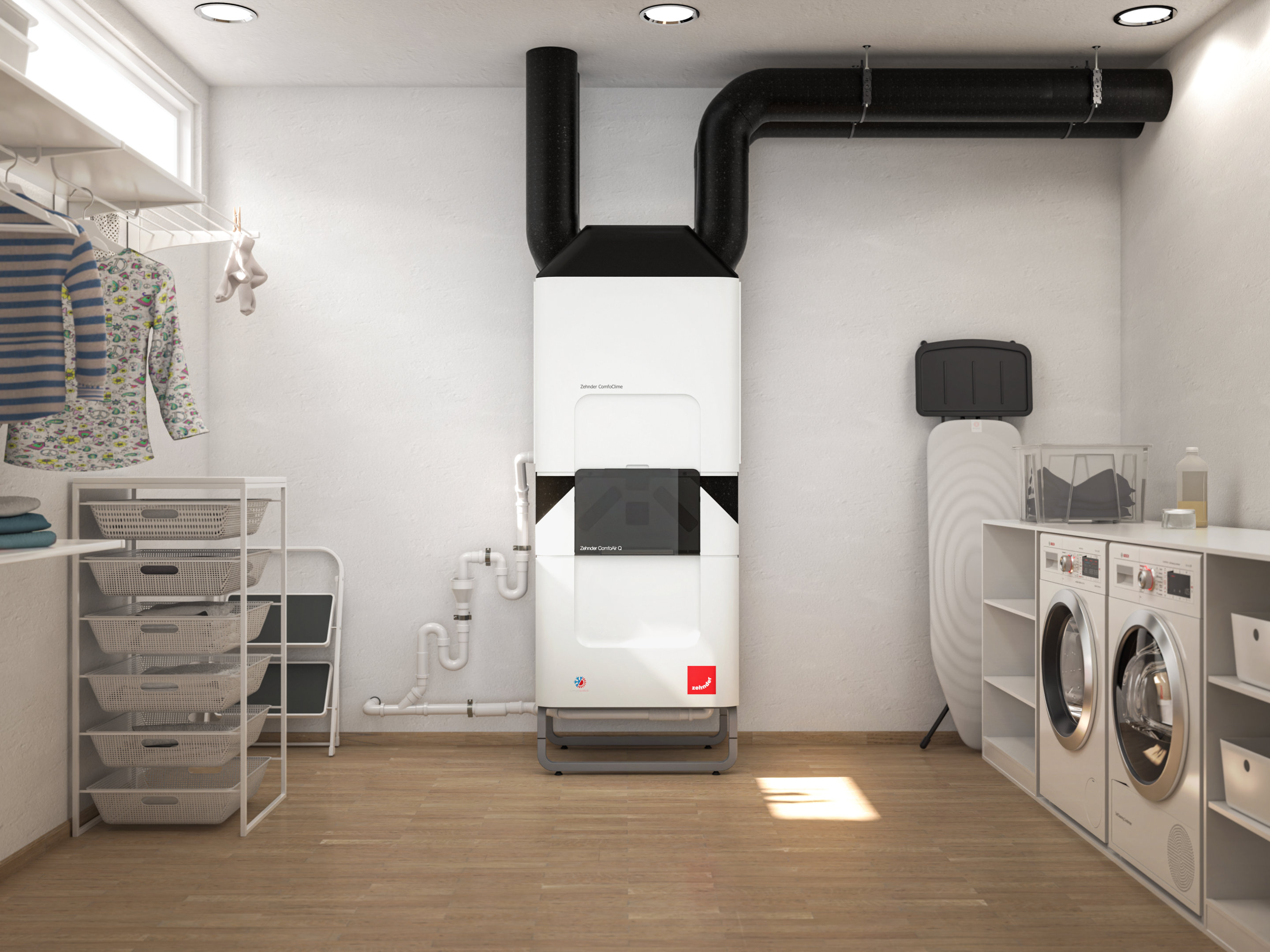 Zehnder_CSY_ComfoClime-ComfoAirQ-TR_basement_washingarea_Milieu Zehnder ComfoClime cooling solution