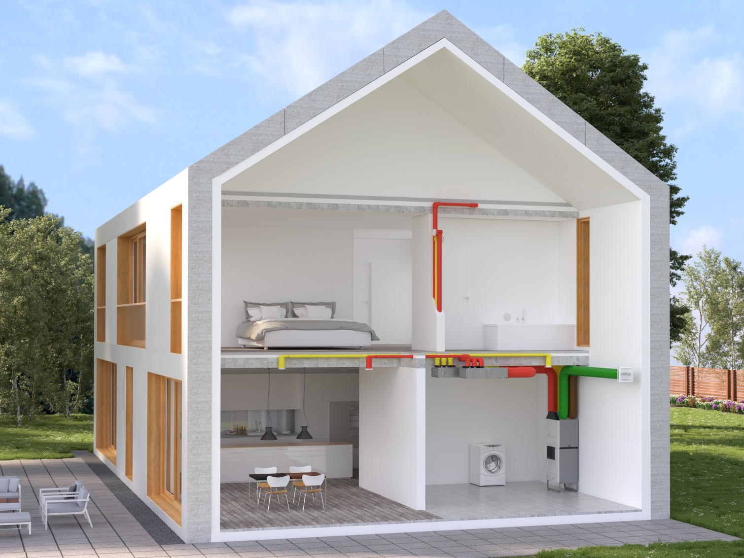 Zehnder_CSY_ComfoClime36_HouseGraphic_View1 Rendering Zehnder ComfoClime 36 Comfortable indoor ventilation Angled view