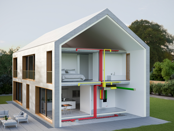 Zehnder_CSY-House-Graphic-CAQ-ST-In-OnFloor-technical-room-garden Rendering Zehnder ComfoAir Q450 ST Comfortable indoor ventilation Side view