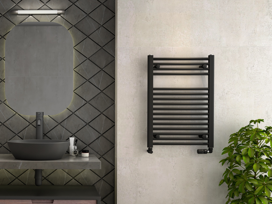 Zehnder_RAD_Aura-080-50_HY-Typ-G_Blackmatt_Bathroom_Milieu Rendering Zehnder Aura Decorative radiator Front view